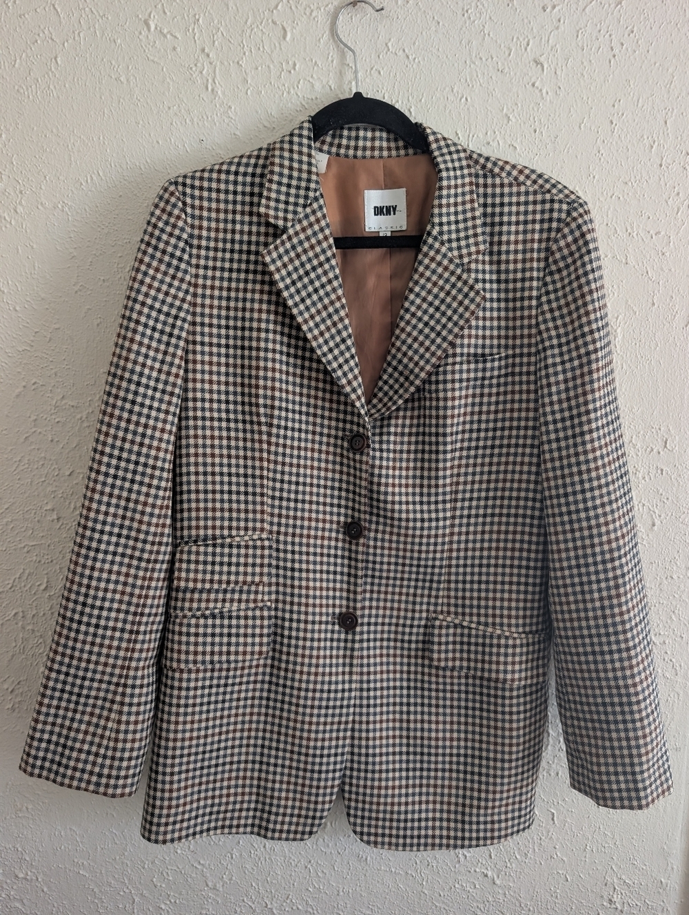 Vintage DKNY Women's Checked Blazer in Beige, Brown & Black